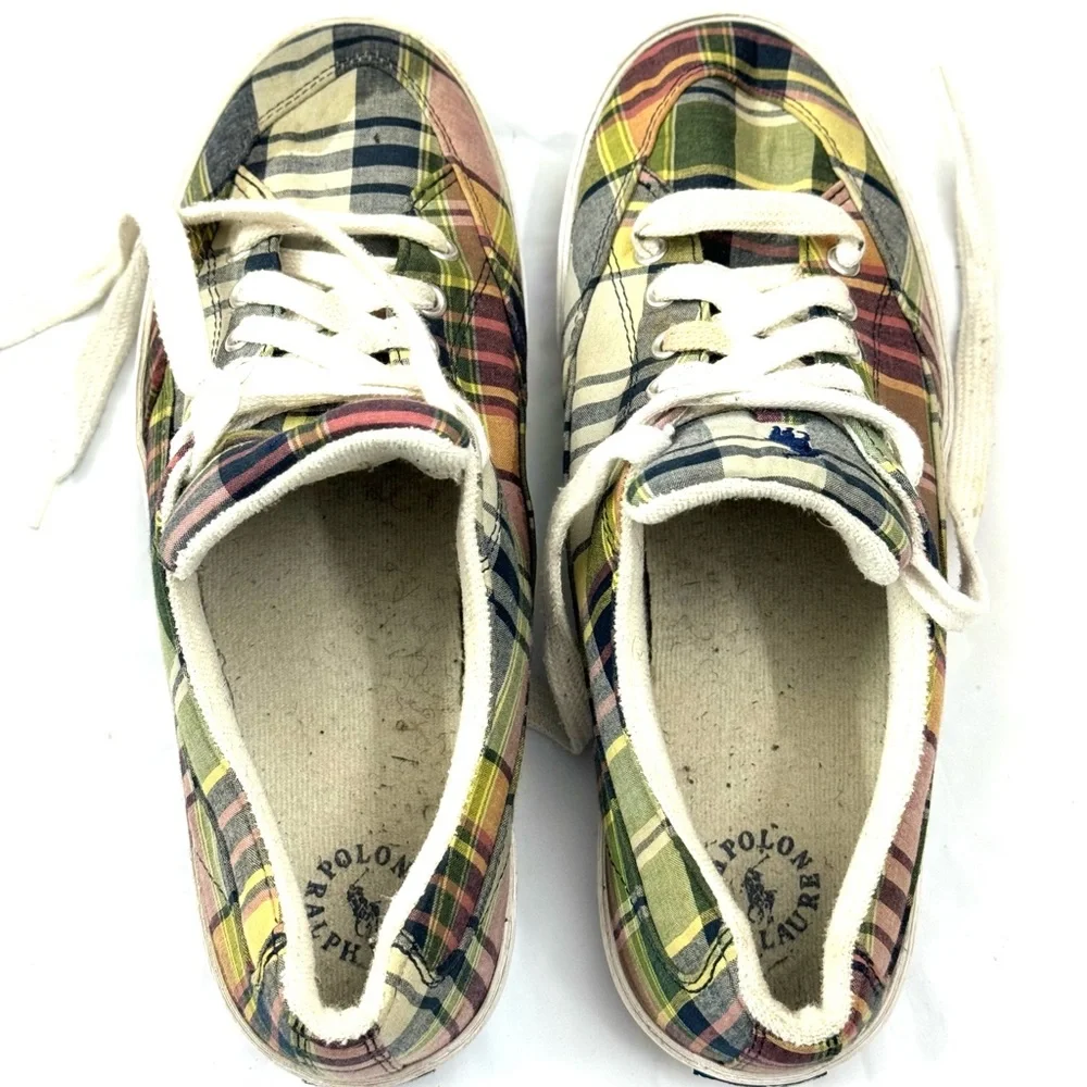 Polo Ralph Lauren Brisbane Plaid Canvas Lace-Up Sneakers - Size 10 D‎